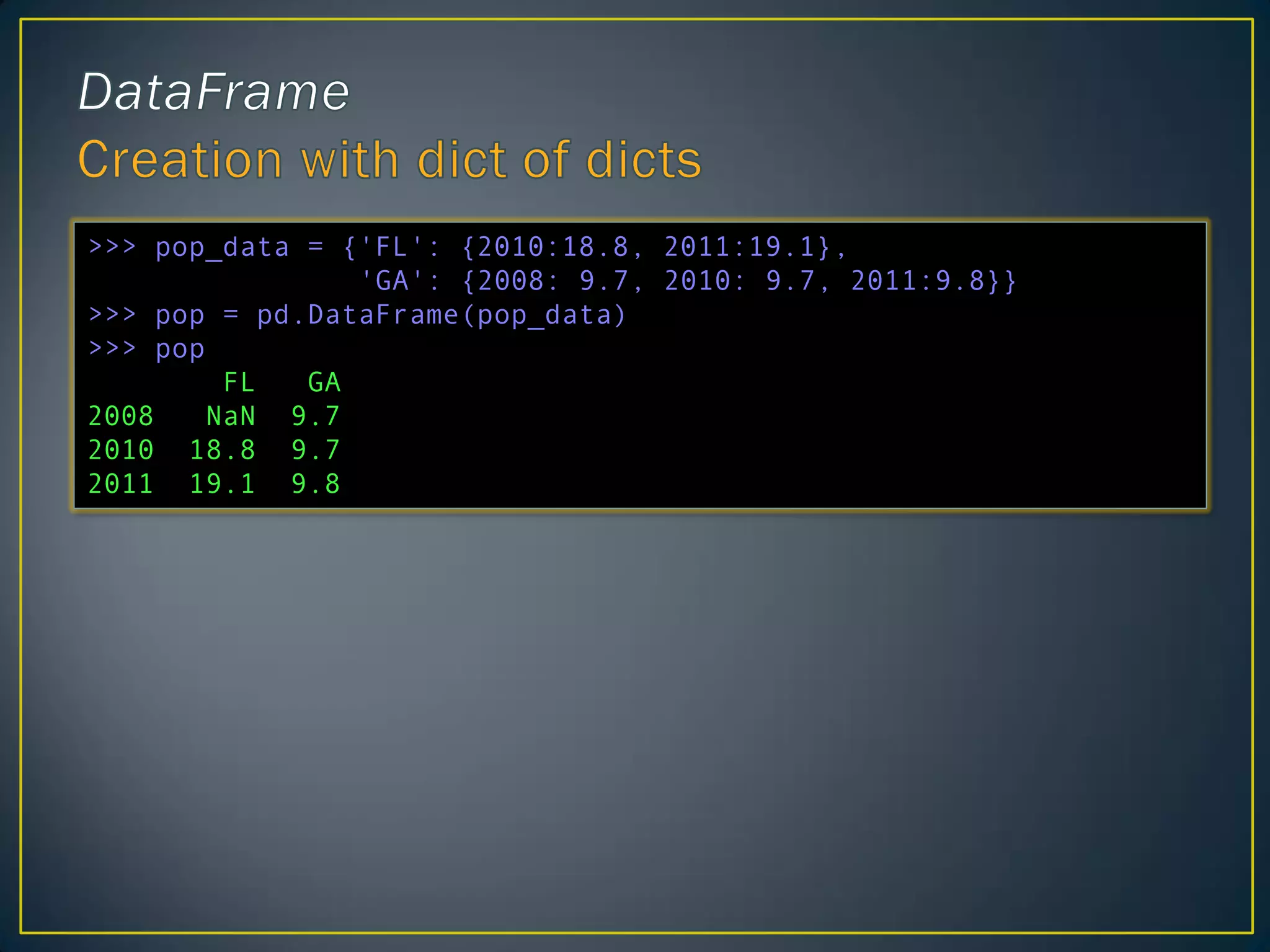 >>> pop_data = {'FL': {2010:18.8, 2011:19.1},
'GA': {2008: 9.7, 2010: 9.7, 2011:9.8}}
>>> pop = pd.DataFrame(pop_data)
>>> pop
FL GA
2008 NaN 9.7
2010 18.8 9.7
2011 19.1 9.8
 