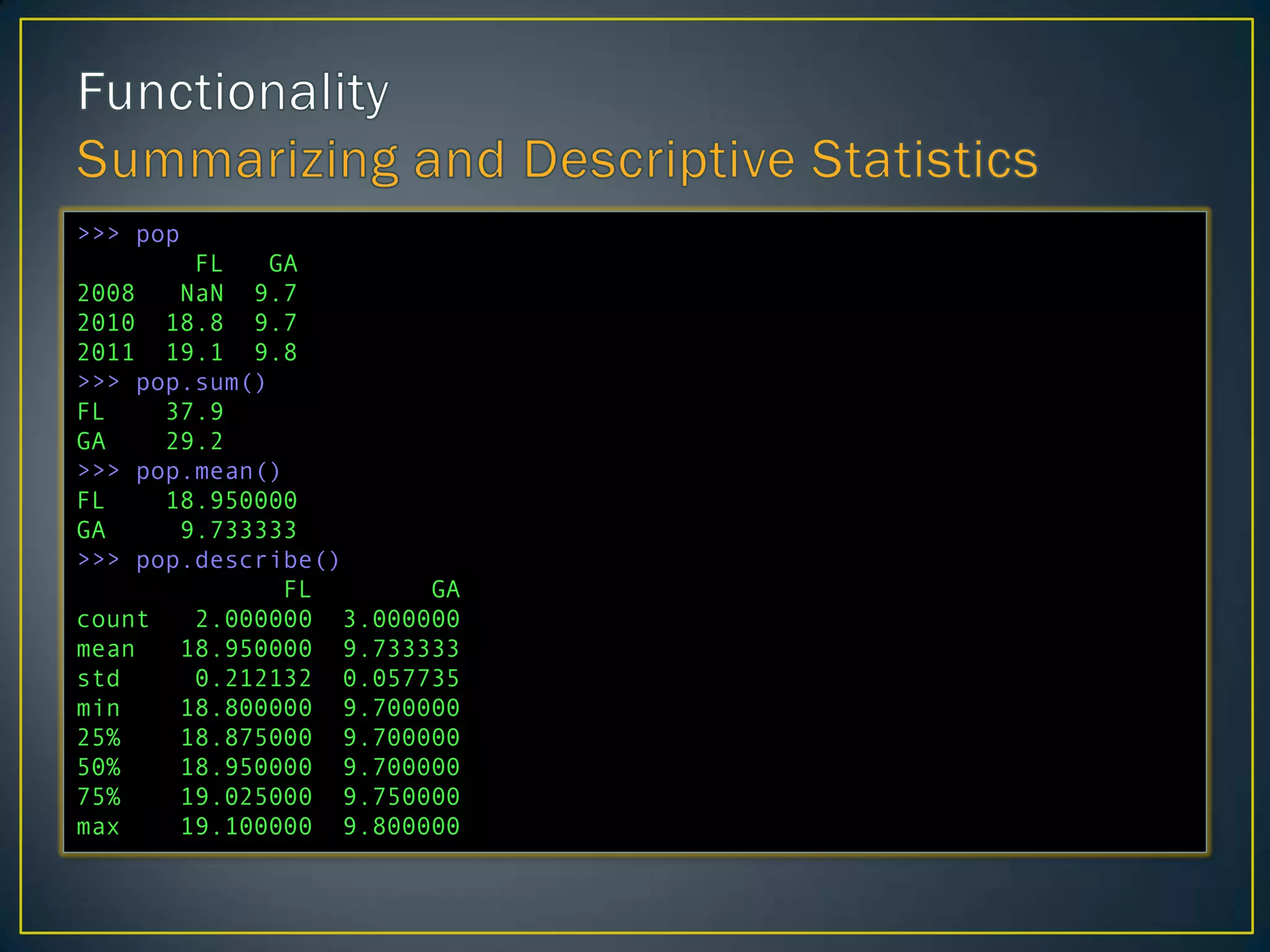 >>> pop
FL GA
2008 NaN 9.7
2010 18.8 9.7
2011 19.1 9.8
>>> pop.sum()
FL 37.9
GA 29.2
>>> pop.mean()
FL 18.950000
GA 9.733333
>>> pop.describe()
FL GA
count 2.000000 3.000000
mean 18.950000 9.733333
std 0.212132 0.057735
min 18.800000 9.700000
25% 18.875000 9.700000
50% 18.950000 9.700000
75% 19.025000 9.750000
max 19.100000 9.800000
 