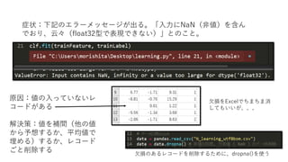 原因：ファイル内のテキストに日本語が入っている。正確には、UTF-8以外の文
字コードがファイルに含まれている。
解決策：テキストに日本語を使うのを止めるか、文字コードをUTF-8とする。
Sublime textで編集して日本語を入力
読み込めたことをprintを使って確認した。
print(data)の結果、正常に読めたことが分かる。
少なくとも、読み込み時点でエラーは出ない
 