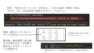 症状：下記のエラーメッセージが出る。「入力にNaN（非値）を含ん
でおり、云々（float32型で表現できない）」とのこと。
原因：値の入っていないレ
コードがある
解決策：値を補間（他の値
から予想するか、平均値で
埋める）するか、レコード
ごと削除する
欠損をExcelでちまちま消
してもいいが、、、
欠損のあるレコードを削除するために、dropna()を使う
 