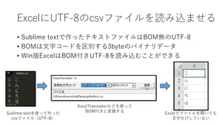 ソフトウェアとデフォルトの文字コード
• ソフトウェアによって、標準的な文字コードが異なる
• Sublime textはUTF-8が標準
• WindowsのExcelは、csvを作成するときはShift-jisが標準
Win Excelを使って作った
csvファイル（ Shift-jis ）
Sublime textでは
文字化け
Sublime textを使って作った
csvファイル（UTF-8）
Excelでは
文字化け
 