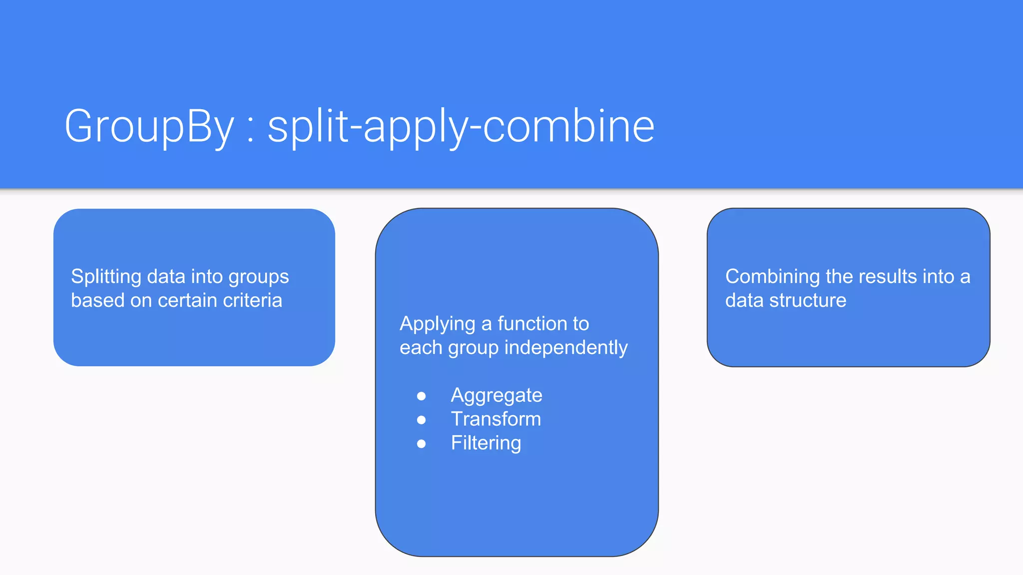GroupBy : split-apply-combine
Splitting data into groups
based on certain criteria
Applying a function to
each group independently
● Aggregate
● Transform
● Filtering
Combining the results into a
data structure
 