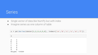 Series
● Single vector of data like NumPy but with index
● Imagine series as one column of table
 