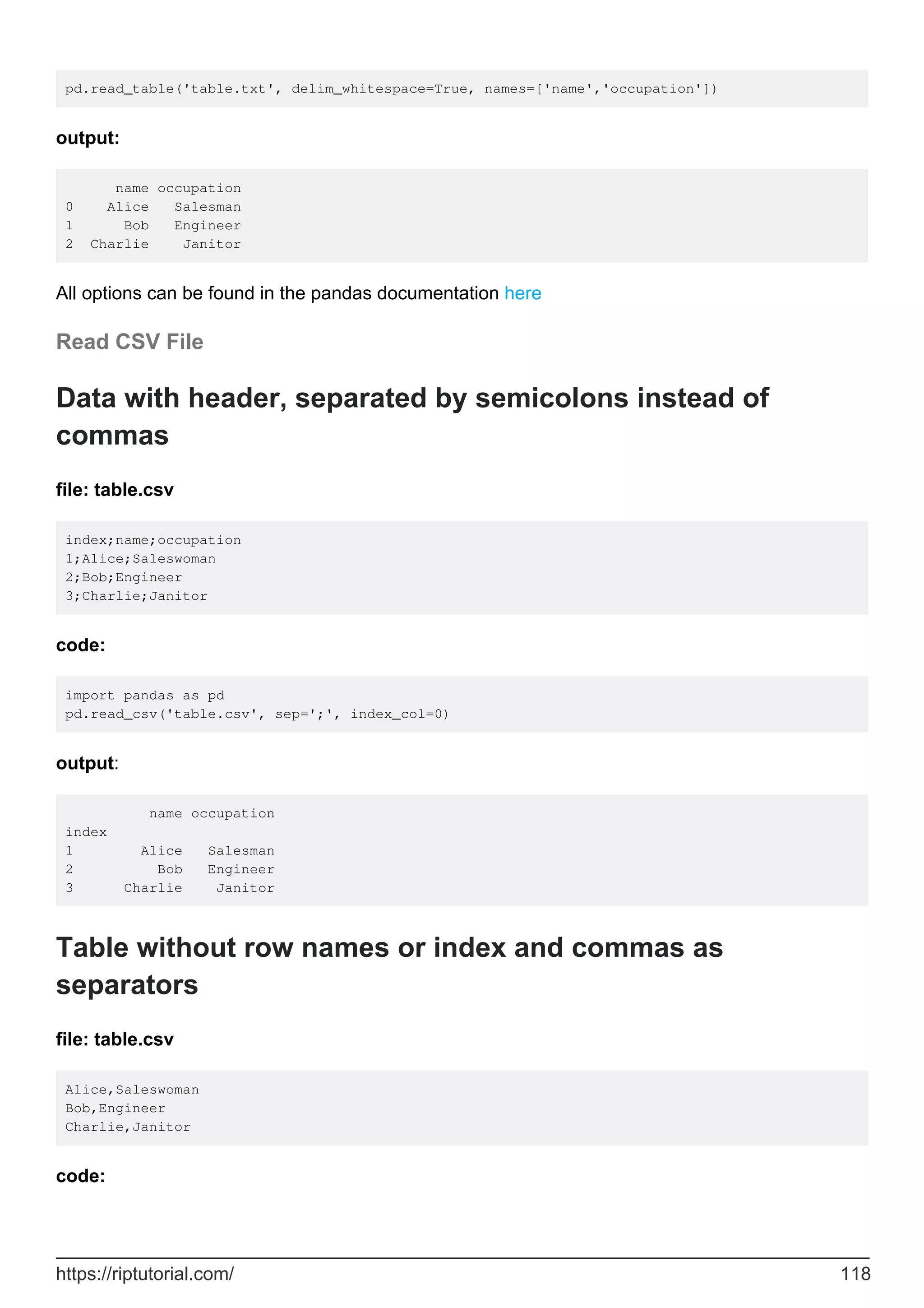 pd.read_table('table.txt', delim_whitespace=True, names=['name','occupation'])
output:
name occupation
0 Alice Salesman
1 Bob Engineer
2 Charlie Janitor
All options can be found in the pandas documentation here
Read CSV File
Data with header, separated by semicolons instead of
commas
file: table.csv
index;name;occupation
1;Alice;Saleswoman
2;Bob;Engineer
3;Charlie;Janitor
code:
import pandas as pd
pd.read_csv('table.csv', sep=';', index_col=0)
output:
name occupation
index
1 Alice Salesman
2 Bob Engineer
3 Charlie Janitor
Table without row names or index and commas as
separators
file: table.csv
Alice,Saleswoman
Bob,Engineer
Charlie,Janitor
code:
https://riptutorial.com/ 118
 