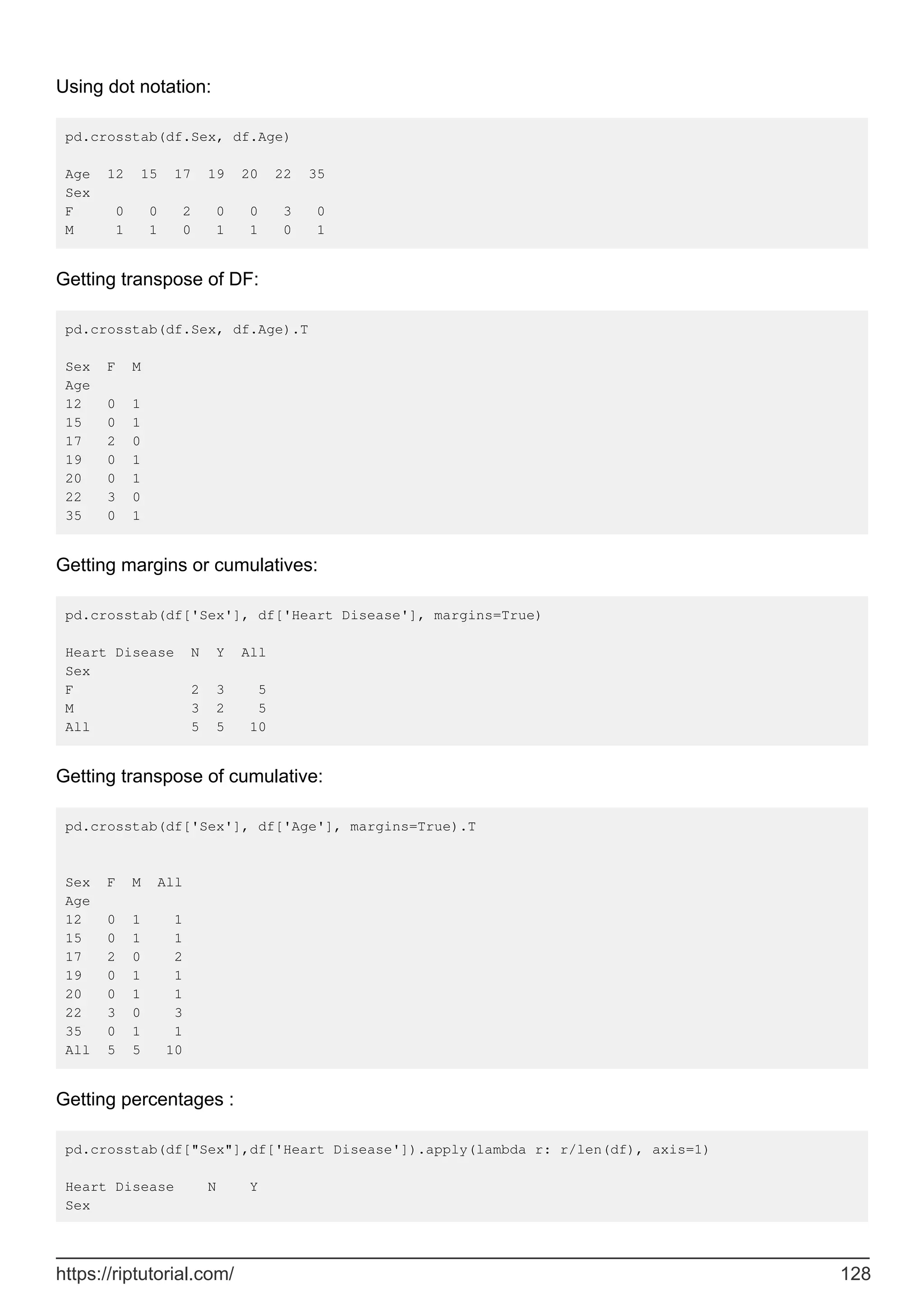 Using dot notation:
pd.crosstab(df.Sex, df.Age)
Age 12 15 17 19 20 22 35
Sex
F 0 0 2 0 0 3 0
M 1 1 0 1 1 0 1
Getting transpose of DF:
pd.crosstab(df.Sex, df.Age).T
Sex F M
Age
12 0 1
15 0 1
17 2 0
19 0 1
20 0 1
22 3 0
35 0 1
Getting margins or cumulatives:
pd.crosstab(df['Sex'], df['Heart Disease'], margins=True)
Heart Disease N Y All
Sex
F 2 3 5
M 3 2 5
All 5 5 10
Getting transpose of cumulative:
pd.crosstab(df['Sex'], df['Age'], margins=True).T
Sex F M All
Age
12 0 1 1
15 0 1 1
17 2 0 2
19 0 1 1
20 0 1 1
22 3 0 3
35 0 1 1
All 5 5 10
Getting percentages :
pd.crosstab(df["Sex"],df['Heart Disease']).apply(lambda r: r/len(df), axis=1)
Heart Disease N Y
Sex
https://riptutorial.com/ 128
 