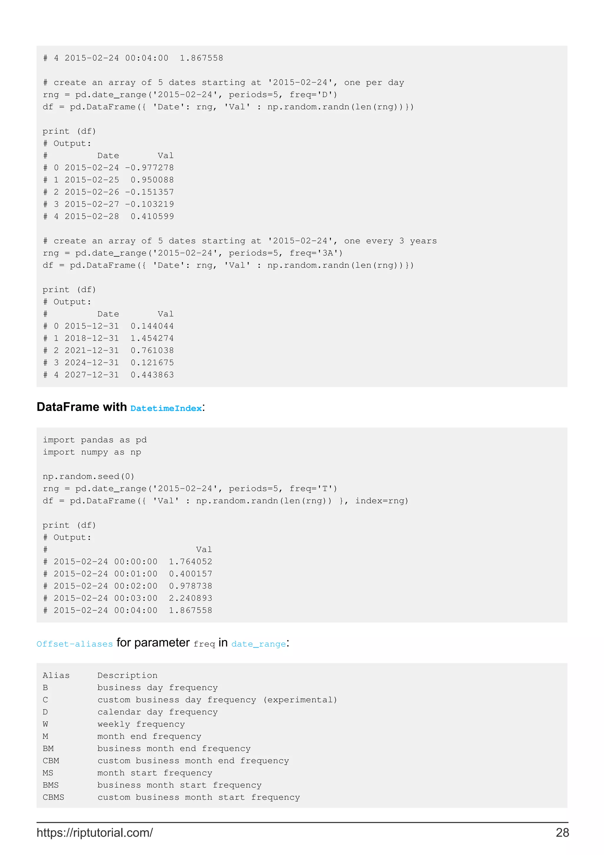 # 4 2015-02-24 00:04:00 1.867558
# create an array of 5 dates starting at '2015-02-24', one per day
rng = pd.date_range('2015-02-24', periods=5, freq='D')
df = pd.DataFrame({ 'Date': rng, 'Val' : np.random.randn(len(rng))})
print (df)
# Output:
# Date Val
# 0 2015-02-24 -0.977278
# 1 2015-02-25 0.950088
# 2 2015-02-26 -0.151357
# 3 2015-02-27 -0.103219
# 4 2015-02-28 0.410599
# create an array of 5 dates starting at '2015-02-24', one every 3 years
rng = pd.date_range('2015-02-24', periods=5, freq='3A')
df = pd.DataFrame({ 'Date': rng, 'Val' : np.random.randn(len(rng))})
print (df)
# Output:
# Date Val
# 0 2015-12-31 0.144044
# 1 2018-12-31 1.454274
# 2 2021-12-31 0.761038
# 3 2024-12-31 0.121675
# 4 2027-12-31 0.443863
DataFrame with DatetimeIndex:
import pandas as pd
import numpy as np
np.random.seed(0)
rng = pd.date_range('2015-02-24', periods=5, freq='T')
df = pd.DataFrame({ 'Val' : np.random.randn(len(rng)) }, index=rng)
print (df)
# Output:
# Val
# 2015-02-24 00:00:00 1.764052
# 2015-02-24 00:01:00 0.400157
# 2015-02-24 00:02:00 0.978738
# 2015-02-24 00:03:00 2.240893
# 2015-02-24 00:04:00 1.867558
Offset-aliases for parameter freq in date_range:
Alias Description
B business day frequency
C custom business day frequency (experimental)
D calendar day frequency
W weekly frequency
M month end frequency
BM business month end frequency
CBM custom business month end frequency
MS month start frequency
BMS business month start frequency
CBMS custom business month start frequency
https://riptutorial.com/ 28
 