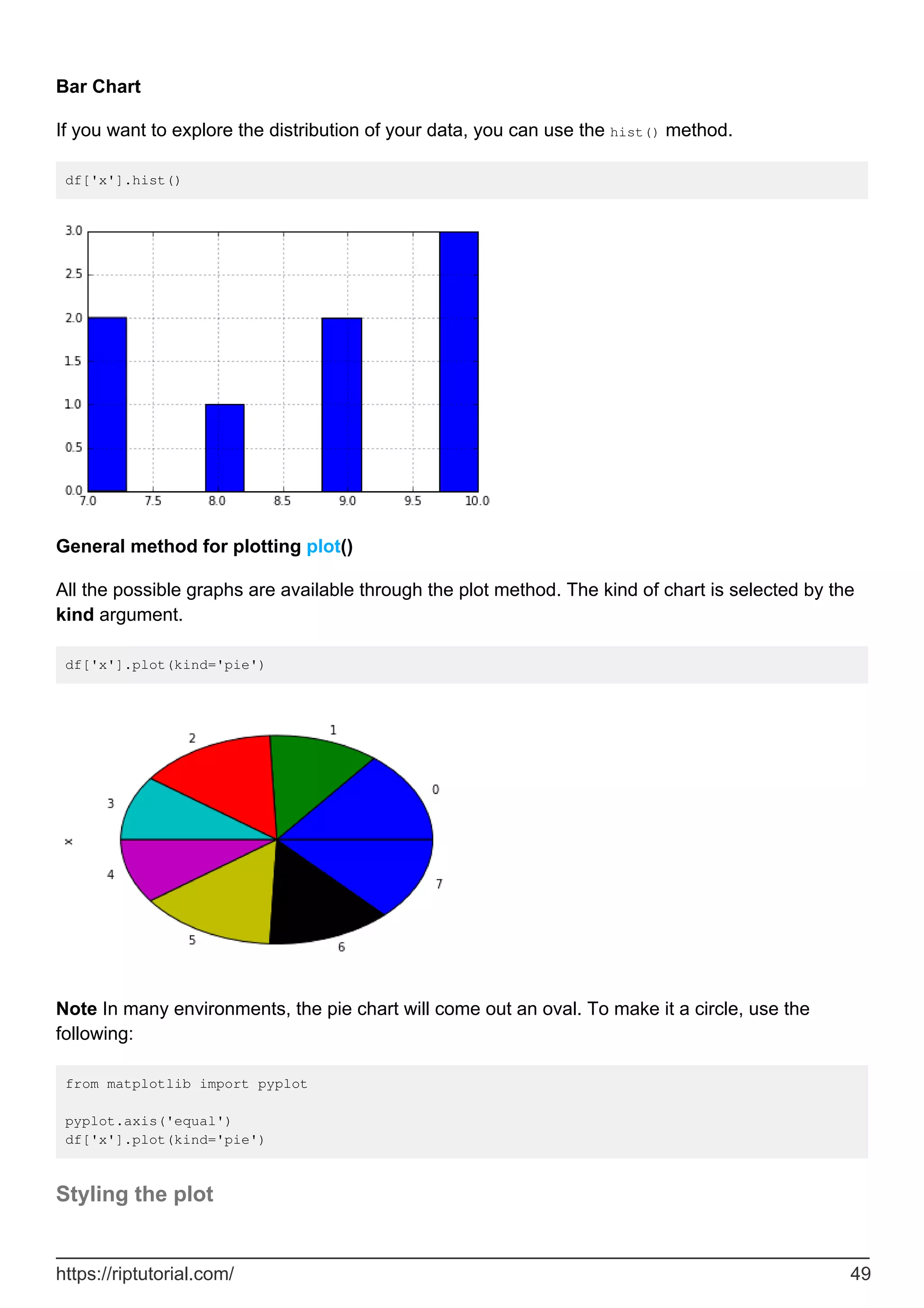 Bar Chart
If you want to explore the distribution of your data, you can use the hist() method.
df['x'].hist()
General method for plotting plot()
All the possible graphs are available through the plot method. The kind of chart is selected by the
kind argument.
df['x'].plot(kind='pie')
Note In many environments, the pie chart will come out an oval. To make it a circle, use the
following:
from matplotlib import pyplot
pyplot.axis('equal')
df['x'].plot(kind='pie')
Styling the plot
https://riptutorial.com/ 49
 