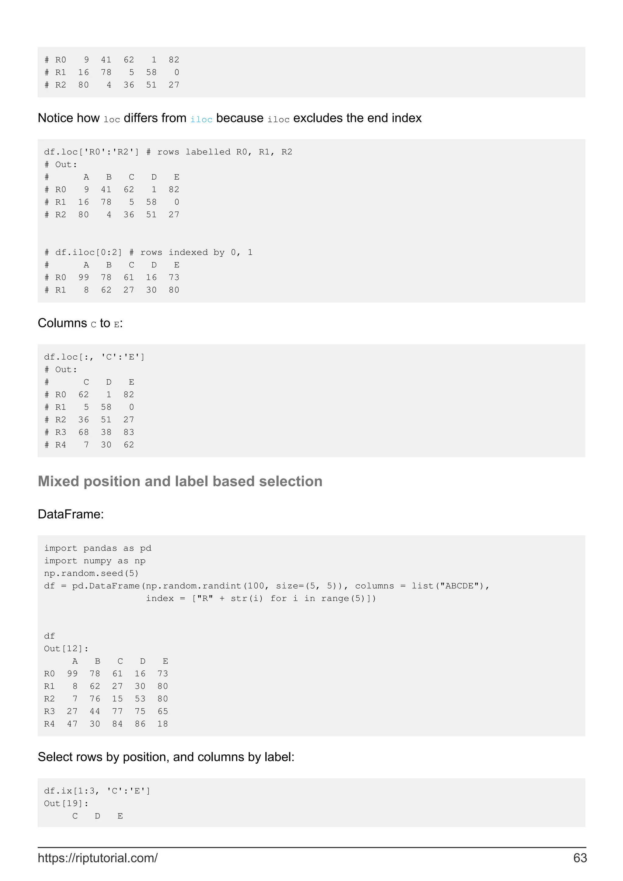 # R0 9 41 62 1 82
# R1 16 78 5 58 0
# R2 80 4 36 51 27
Notice how loc differs from iloc because iloc excludes the end index
df.loc['R0':'R2'] # rows labelled R0, R1, R2
# Out:
# A B C D E
# R0 9 41 62 1 82
# R1 16 78 5 58 0
# R2 80 4 36 51 27
# df.iloc[0:2] # rows indexed by 0, 1
# A B C D E
# R0 99 78 61 16 73
# R1 8 62 27 30 80
Columns C to E:
df.loc[:, 'C':'E']
# Out:
# C D E
# R0 62 1 82
# R1 5 58 0
# R2 36 51 27
# R3 68 38 83
# R4 7 30 62
Mixed position and label based selection
DataFrame:
import pandas as pd
import numpy as np
np.random.seed(5)
df = pd.DataFrame(np.random.randint(100, size=(5, 5)), columns = list("ABCDE"),
index = ["R" + str(i) for i in range(5)])
df
Out[12]:
A B C D E
R0 99 78 61 16 73
R1 8 62 27 30 80
R2 7 76 15 53 80
R3 27 44 77 75 65
R4 47 30 84 86 18
Select rows by position, and columns by label:
df.ix[1:3, 'C':'E']
Out[19]:
C D E
https://riptutorial.com/ 63
 