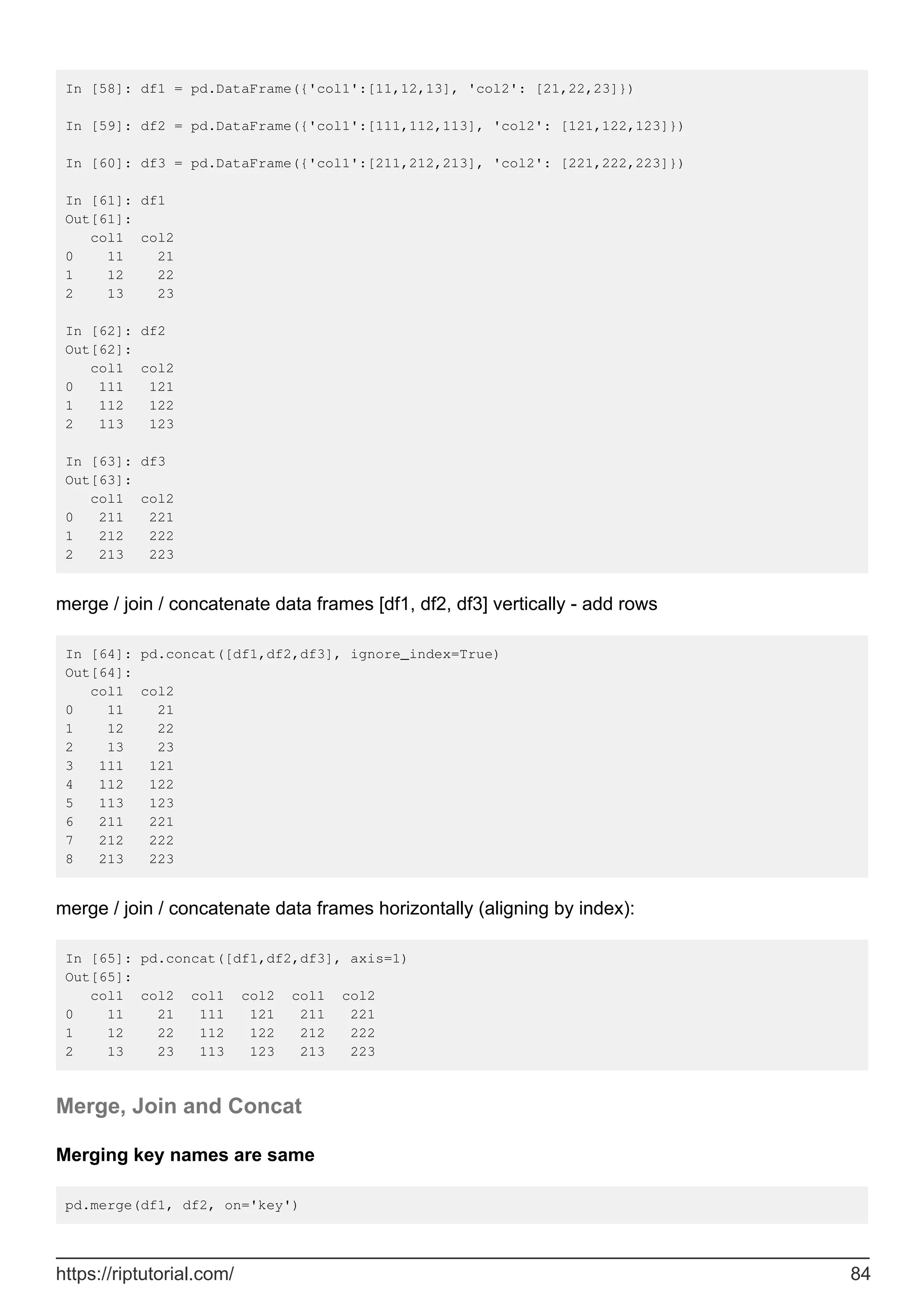 In [58]: df1 = pd.DataFrame({'col1':[11,12,13], 'col2': [21,22,23]})
In [59]: df2 = pd.DataFrame({'col1':[111,112,113], 'col2': [121,122,123]})
In [60]: df3 = pd.DataFrame({'col1':[211,212,213], 'col2': [221,222,223]})
In [61]: df1
Out[61]:
col1 col2
0 11 21
1 12 22
2 13 23
In [62]: df2
Out[62]:
col1 col2
0 111 121
1 112 122
2 113 123
In [63]: df3
Out[63]:
col1 col2
0 211 221
1 212 222
2 213 223
merge / join / concatenate data frames [df1, df2, df3] vertically - add rows
In [64]: pd.concat([df1,df2,df3], ignore_index=True)
Out[64]:
col1 col2
0 11 21
1 12 22
2 13 23
3 111 121
4 112 122
5 113 123
6 211 221
7 212 222
8 213 223
merge / join / concatenate data frames horizontally (aligning by index):
In [65]: pd.concat([df1,df2,df3], axis=1)
Out[65]:
col1 col2 col1 col2 col1 col2
0 11 21 111 121 211 221
1 12 22 112 122 212 222
2 13 23 113 123 213 223
Merge, Join and Concat
Merging key names are same
pd.merge(df1, df2, on='key')
https://riptutorial.com/ 84
 