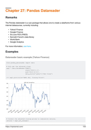 Chapter 27: Pandas Datareader
Remarks
The Pandas datareader is a sub package that allows one to create a dataframe from various
internet datasources, currently including:
Yahoo! Finance
•
Google Finance
•
St.Louis FED (FRED)
•
Kenneth French’s data library
•
World Bank
•
Google Analytics
•
For more information, see here.
Examples
Datareader basic example (Yahoo Finance)
from pandas_datareader import data
# Only get the adjusted close.
aapl = data.DataReader("AAPL",
start='2015-1-1',
end='2015-12-31',
data_source='yahoo')['Adj Close']
>>> aapl.plot(title='AAPL Adj. Closing Price')
# Convert the adjusted closing prices to cumulative returns.
returns = aapl.pct_change()
https://riptutorial.com/ 100
 