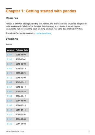 Chapter 1: Getting started with pandas
Remarks
Pandas is a Python package providing fast, flexible, and expressive data structures designed to
make working with “relational” or “labeled” data both easy and intuitive. It aims to be the
fundamental high-level building block for doing practical, real world data analysis in Python.
The official Pandas documentation can be found here.
Versions
Pandas
Version Release Date
0.19.1 2016-11-03
0.19.0 2016-10-02
0.18.1 2016-05-03
0.18.0 2016-03-13
0.17.1 2015-11-21
0.17.0 2015-10-09
0.16.2 2015-06-12
0.16.1 2015-05-11
0.16.0 2015-03-22
0.15.2 2014-12-12
0.15.1 2014-11-09
0.15.0 2014-10-18
0.14.1 2014-07-11
0.14.0 2014-05-31
0.13.1 2014-02-03
0.13.0 2014-01-03
https://riptutorial.com/ 2
 