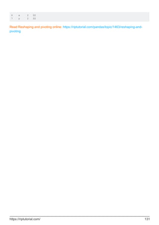 6 x 2 ZZ
7 y 2 ZZ
Read Reshaping and pivoting online: https://riptutorial.com/pandas/topic/1463/reshaping-and-
pivoting
https://riptutorial.com/ 131
 