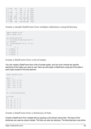 # 0 NaN NaT nan 3 4 None
# 1 6 7 nan 9 10 None
# 2 NaN 13 nan 15 16 None
# 3 18 19 nan 21 22 None
# 4 NaN NaT 26 27 28 None
# 5 NaN None None NaN NaN None
# 6 NaN 37 38 39 40 None
# 7 NaN NaN NaN NaN NaN NaN
Create a sample DataFrame from multiple collections using Dictionary
import pandas as pd
import numpy as np
np.random.seed(123)
x = np.random.standard_normal(4)
y = range(4)
df = pd.DataFrame({'X':x, 'Y':y})
>>> df
X Y
0 -1.085631 0
1 0.997345 1
2 0.282978 2
3 -1.506295 3
Create a DataFrame from a list of tuples
You can create a DataFrame from a list of simple tuples, and can even choose the specific
elements of the tuples you want to use. Here we will create a DataFrame using all of the data in
each tuple except for the last element.
import pandas as pd
data = [
('p1', 't1', 1, 2),
('p1', 't2', 3, 4),
('p2', 't1', 5, 6),
('p2', 't2', 7, 8),
('p2', 't3', 2, 8)
]
df = pd.DataFrame(data)
print(df)
# 0 1 2 3
# 0 p1 t1 1 2
# 1 p1 t2 3 4
# 2 p2 t1 5 6
# 3 p2 t2 7 8
# 4 p2 t3 2 8
Create a DataFrame from a dictionary of lists
Create a DataFrame from multiple lists by passing a dict whose values lists. The keys of the
dictionary are used as column labels. The lists can also be ndarrays. The lists/ndarrays must all be
https://riptutorial.com/ 26
 