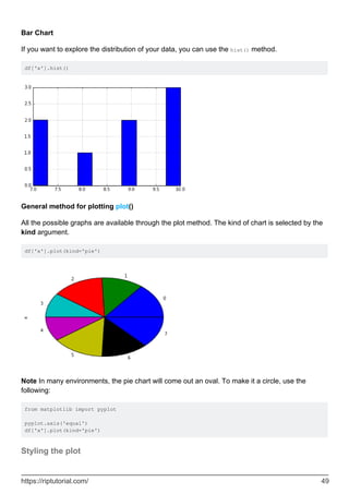 Bar Chart
If you want to explore the distribution of your data, you can use the hist() method.
df['x'].hist()
General method for plotting plot()
All the possible graphs are available through the plot method. The kind of chart is selected by the
kind argument.
df['x'].plot(kind='pie')
Note In many environments, the pie chart will come out an oval. To make it a circle, use the
following:
from matplotlib import pyplot
pyplot.axis('equal')
df['x'].plot(kind='pie')
Styling the plot
https://riptutorial.com/ 49
 