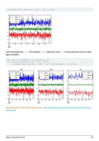 ts.resample('15T').agg(['min', 'mean', 'max']).plot()
Let's resample over '15T' (15 minutes), '30T' (half hour), and '1H' (1 hour) and see how our data
gets smoother.
fig, axes = plt.subplots(1, 3, figsize=(12, 4))
for i, freq in enumerate(['15T', '30T', '1H']):
ts.resample(freq).agg(['max', 'mean', 'min']).plot(ax=axes[i], title=freq)
Read Grouping Time Series Data online: https://riptutorial.com/pandas/topic/4747/grouping-time-
series-data
https://riptutorial.com/ 58
 