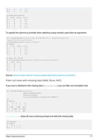 # 3 B 5 0.3
# 4 C 6 0.4
df.drop_duplicates()
# col_1 col_2 col_3
# 0 A 3 0.0
# 1 B 4 0.1
# 2 A 3 0.2
# 3 B 5 0.3
# 4 C 6 0.4
To specify the columns to consider when selecting unique records, pass them as arguments
df = pd.DataFrame({'col_1':['A','B','A','B','C'], 'col_2':[3,4,3,5,6],
'col_3':[0,0.1,0.2,0.3,0.4]})
df.drop_duplicates(['col_1','col_2'])
# Output:
# col_1 col_2 col_3
# 0 A 3 0.0
# 1 B 4 0.1
# 3 B 5 0.3
# 4 C 6 0.4
# skip last column
# df.drop_duplicates(['col_1','col_2'])[['col_1','col_2']]
# col_1 col_2
# 0 A 3
# 1 B 4
# 3 B 5
# 4 C 6
Source: How to “select distinct” across multiple data frame columns in pandas?.
Filter out rows with missing data (NaN, None, NaT)
If you have a dataframe with missing data (NaN, pd.NaT, None) you can filter out incomplete rows
df = pd.DataFrame([[0,1,2,3],
[None,5,None,pd.NaT],
[8,None,10,None],
[11,12,13,pd.NaT]],columns=list('ABCD'))
df
# Output:
# A B C D
# 0 0 1 2 3
# 1 NaN 5 NaN NaT
# 2 8 NaN 10 None
# 3 11 12 13 NaT
DataFrame.dropna drops all rows containing at least one field with missing data
df.dropna()
# Output:
# A B C D
# 0 0 1 2 3
https://riptutorial.com/ 71
 