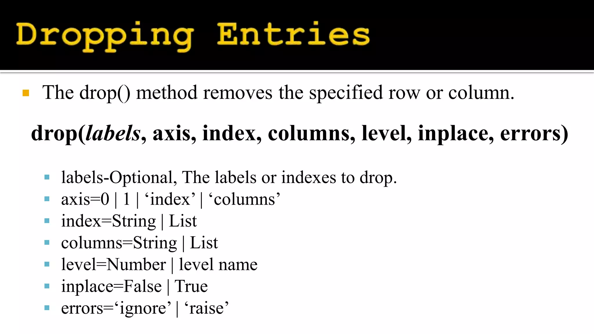  The drop() method removes the specified row or column.
drop(labels, axis, index, columns, level, inplace, errors)
 labels-Optional, The labels or indexes to drop.
 axis=0 | 1 | ‘index’ | ‘columns’
 index=String | List
 columns=String | List
 level=Number | level name
 inplace=False | True
 errors=‘ignore’ | ‘raise’
 