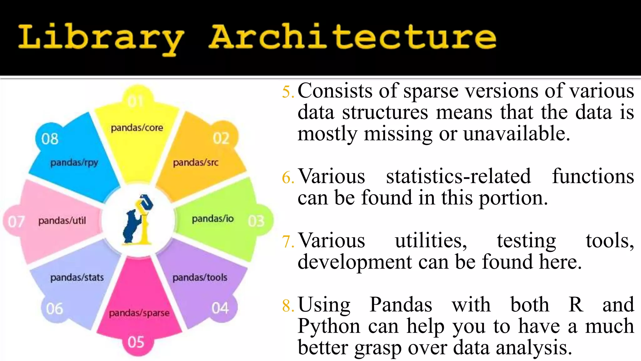 5.Consists of sparse versions of various
data structures means that the data is
mostly missing or unavailable.
6.Various statistics-related functions
can be found in this portion.
7.Various utilities, testing tools,
development can be found here.
8.Using Pandas with both R and
Python can help you to have a much
better grasp over data analysis.
 