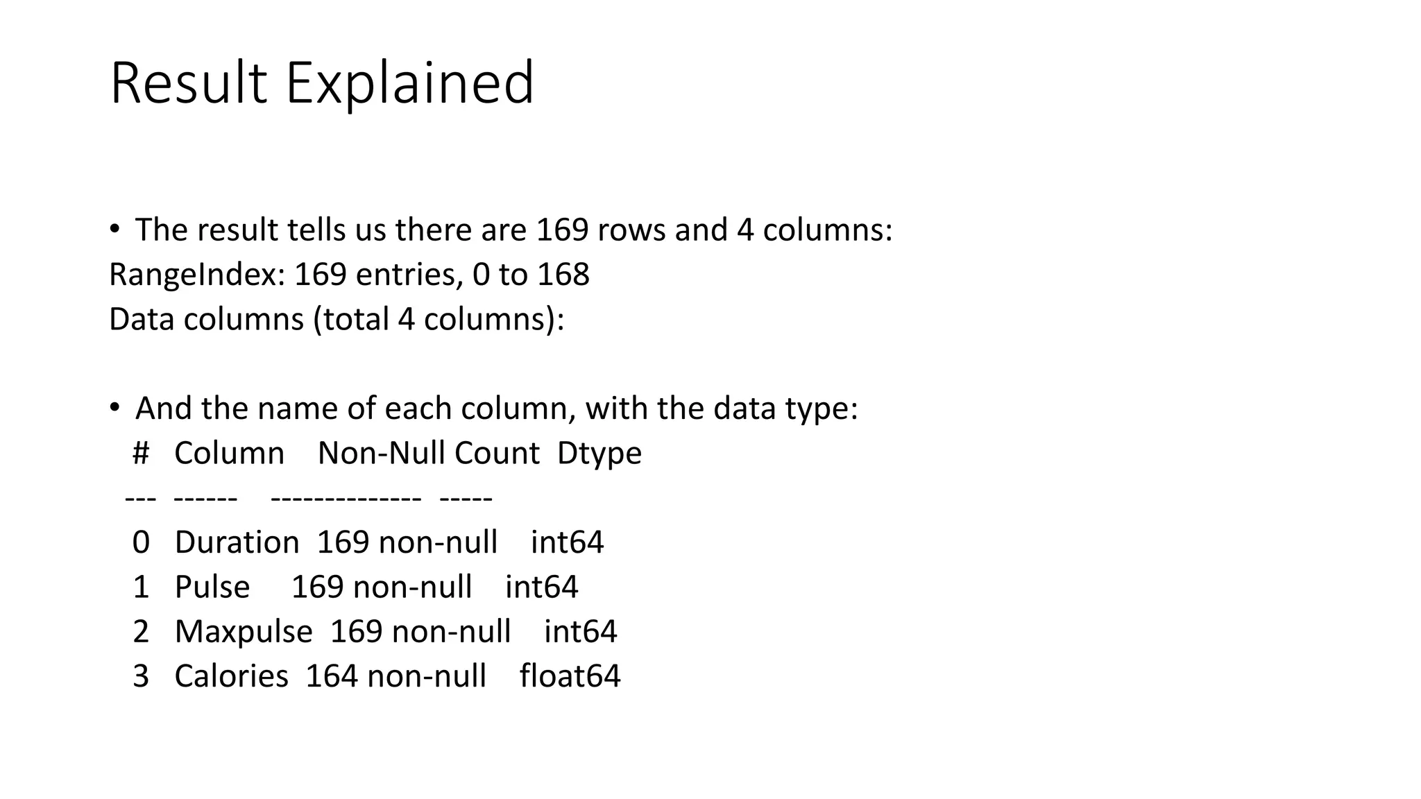 Result Explained
• The result tells us there are 169 rows and 4 columns:
RangeIndex: 169 entries, 0 to 168
Data columns (total 4 columns):
• And the name of each column, with the data type:
# Column Non-Null Count Dtype
--- ------ -------------- -----
0 Duration 169 non-null int64
1 Pulse 169 non-null int64
2 Maxpulse 169 non-null int64
3 Calories 164 non-null float64
 