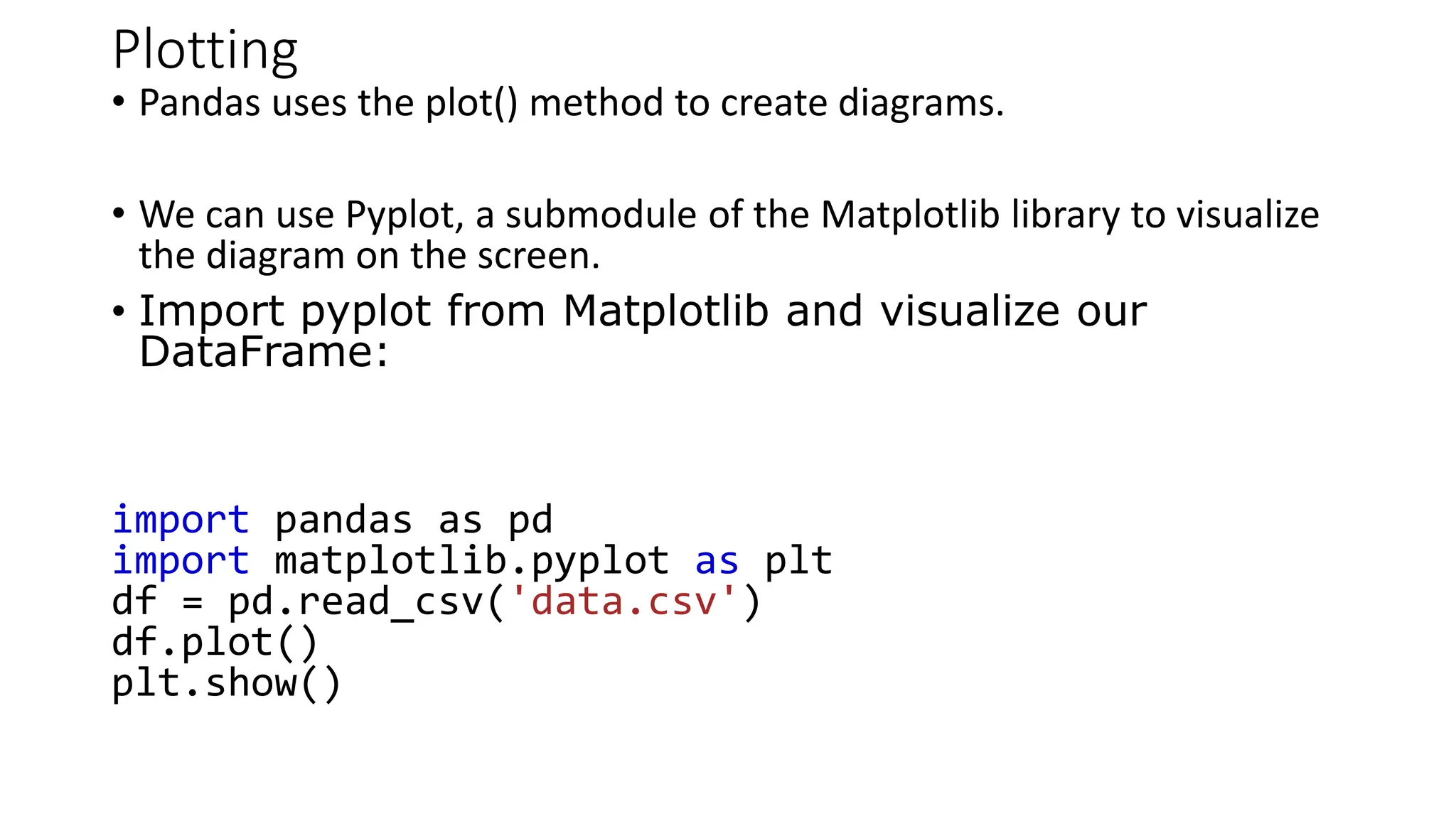 Plotting
• Pandas uses the plot() method to create diagrams.
• We can use Pyplot, a submodule of the Matplotlib library to visualize
the diagram on the screen.
• Import pyplot from Matplotlib and visualize our
DataFrame:
import pandas as pd
import matplotlib.pyplot as plt
df = pd.read_csv('data.csv')
df.plot()
plt.show()
 