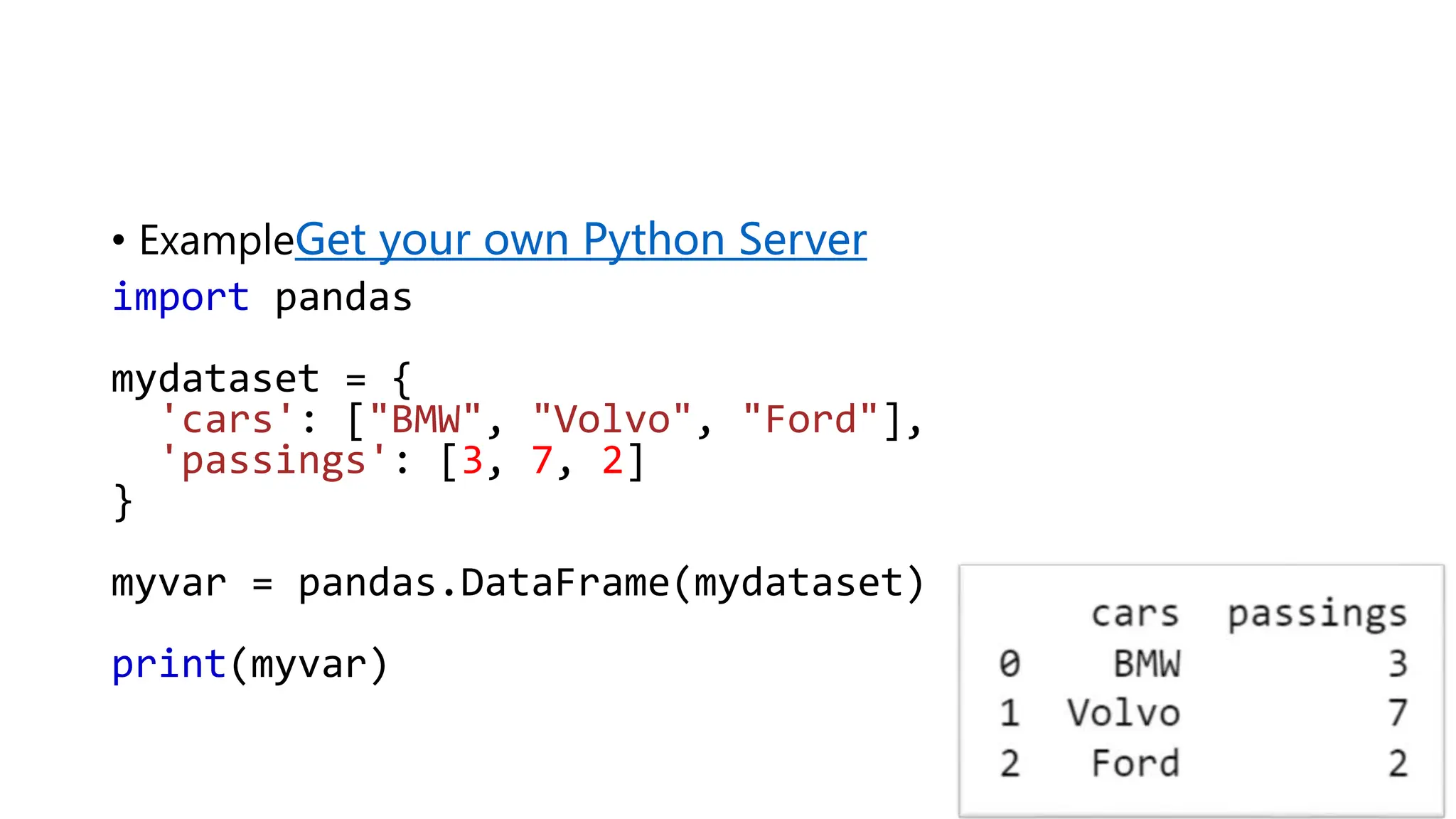 • ExampleGet your own Python Server
import pandas
mydataset = {
'cars': ["BMW", "Volvo", "Ford"],
'passings': [3, 7, 2]
}
myvar = pandas.DataFrame(mydataset)
print(myvar)
 