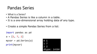 Pandas Series
• What is a Series?
• A Pandas Series is like a column in a table.
• It is a one-dimensional array holding data of any type.
• Create a simple Pandas Series from a list:
import pandas as pd
a = [1, 7, 2]
myvar = pd.Series(a)
print(myvar)
0 1
1 7
2 2
dtype: int64
 