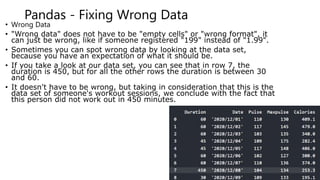 Pandas - Fixing Wrong Data
• Wrong Data
• "Wrong data" does not have to be "empty cells" or "wrong format", it
can just be wrong, like if someone registered "199" instead of "1.99".
• Sometimes you can spot wrong data by looking at the data set,
because you have an expectation of what it should be.
• If you take a look at our data set, you can see that in row 7, the
duration is 450, but for all the other rows the duration is between 30
and 60.
• It doesn't have to be wrong, but taking in consideration that this is the
data set of someone's workout sessions, we conclude with the fact that
this person did not work out in 450 minutes.
 