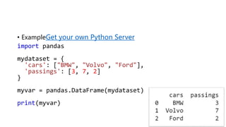 • ExampleGet your own Python Server
import pandas
mydataset = {
'cars': ["BMW", "Volvo", "Ford"],
'passings': [3, 7, 2]
}
myvar = pandas.DataFrame(mydataset)
print(myvar)
 