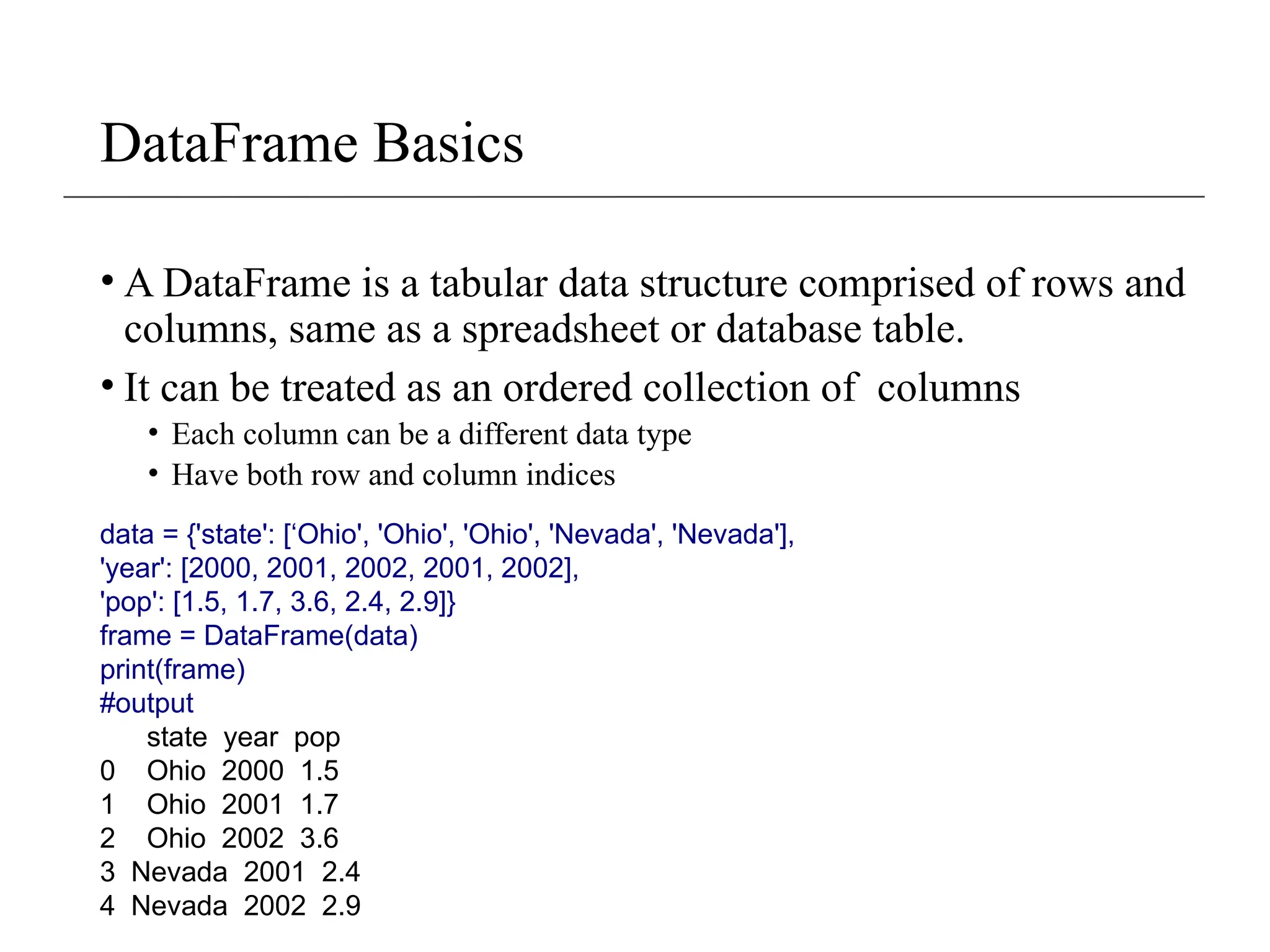 DataFrame Basics
• A DataFrame is a tabular data structure comprised of rows and
columns, same as a spreadsheet or database table.
• It can be treated as an ordered collection of columns
• Each column can be a different data type
• Have both row and column indices
data = {'state': [‘Ohio', 'Ohio', 'Ohio', 'Nevada', 'Nevada'],
'year': [2000, 2001, 2002, 2001, 2002],
'pop': [1.5, 1.7, 3.6, 2.4, 2.9]}
frame = DataFrame(data)
print(frame)
#output
state year pop
0 Ohio 2000 1.5
1 Ohio 2001 1.7
2 Ohio 2002 3.6
3 Nevada 2001 2.4
4 Nevada 2002 2.9
 