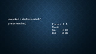 unstacked = stacked.unstack()
print(unstacked) Product A B
Month
Jan 10 20
Feb 15 25
 