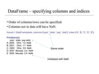 DataFrame – specifying columns and indices
• Order of columns/rows can be specified.
• Columns not in data will have NaN.
frame2 = DataFrame(data, columns=['year', 'state', 'pop', 'debt'], index=['A', 'B', 'C', 'D', 'E'])
Print(frame2)
year state pop debt
A 2000 Ohio 1.5 NaN
B 2001 Ohio 1.7 NaN
C 2002 Ohio 3.6 NaN
D 2001 Nevada 2.4 NaN
E 2002 Nevada 2.9 NaN
Same order
Initialized with NaN
 