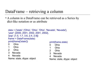 DataFrame – retrieving a column
• A column in a DataFrame can be retrieved as a Series by
dict-like notation or as attribute
data = {'state': ['Ohio', 'Ohio', 'Ohio', 'Nevada', 'Nevada'],
'year': [2000, 2001, 2002, 2001, 2002],
'pop': [1.5, 1.7, 3.6, 2.4, 2.9]}
frame = DataFrame(data)
print(frame['state'])
0 Ohio
1 Ohio
2 Ohio
3 Nevada
4 Nevada
Name: state, dtype: object
print(frame.state)
0 Ohio
1 Ohio
2 Ohio
3 Nevada
4 Nevada
Name: state, dtype: object
 