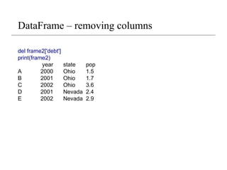 DataFrame – removing columns
del frame2['debt']
print(frame2)
year state pop
A 2000 Ohio 1.5
B 2001 Ohio 1.7
C 2002 Ohio 3.6
D 2001 Nevada 2.4
E 2002 Nevada 2.9
 