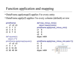 Function application and mapping
• DataFrame.applymap(f) applies f to every entry
• DataFrame.apply(f) applies f to every column (default) or row
def max_minus_min(x):
return max(x)-min(x)
print(frame.apply(max_minus_min))
c1 6
c2 6
c3 6
dtype: int64
print(frame.apply(max_minus_min,axis=1))
r1 2
r2 2
r3 2
dtype: int64
print(frame)
c1 c2 c3
r1 0 1 2
r2 3 4 5
r3 6 7 8
def square(x):
return x**2
print(frame.applymap(square))
c1 c2 c3
r1 0 1 4
r2 9 16 25
r3 36 49 64
 