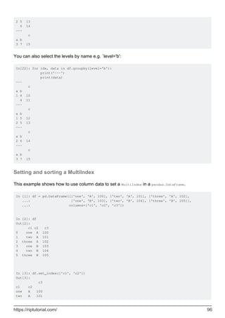 2 5 13
6 14
---
c
a b
3 7 15
You can also select the levels by name e.g. `level='b':
In[22]: for idx, data in df.groupby(level='b'):
print('---')
print(data)
---
c
a b
1 4 10
4 11
---
c
a b
1 5 12
2 5 13
---
c
a b
2 6 14
---
c
a b
3 7 15
Setting and sorting a MultiIndex
This example shows how to use column data to set a MultiIndex in a pandas.DataFrame.
In [1]: df = pd.DataFrame([['one', 'A', 100], ['two', 'A', 101], ['three', 'A', 102],
...: ['one', 'B', 103], ['two', 'B', 104], ['three', 'B', 105]],
...: columns=['c1', 'c2', 'c3'])
In [2]: df
Out[2]:
c1 c2 c3
0 one A 100
1 two A 101
2 three A 102
3 one B 103
4 two B 104
5 three B 105
In [3]: df.set_index(['c1', 'c2'])
Out[3]:
c3
c1 c2
one A 100
two A 101
https://riptutorial.com/ 96
 
