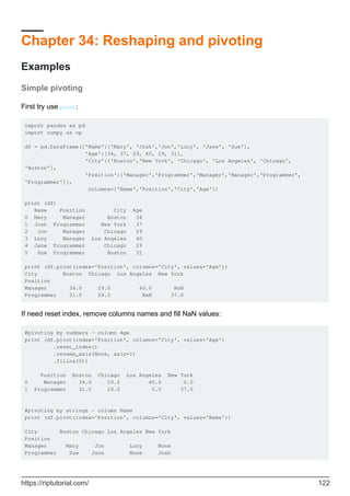 Chapter 34: Reshaping and pivoting
Examples
Simple pivoting
First try use pivot:
import pandas as pd
import numpy as np
df = pd.DataFrame({'Name':['Mary', 'Josh','Jon','Lucy', 'Jane', 'Sue'],
'Age':[34, 37, 29, 40, 29, 31],
'City':['Boston','New York', 'Chicago', 'Los Angeles', 'Chicago',
'Boston'],
'Position':['Manager','Programmer','Manager','Manager','Programmer',
'Programmer']},
columns=['Name','Position','City','Age'])
print (df)
Name Position City Age
0 Mary Manager Boston 34
1 Josh Programmer New York 37
2 Jon Manager Chicago 29
3 Lucy Manager Los Angeles 40
4 Jane Programmer Chicago 29
5 Sue Programmer Boston 31
print (df.pivot(index='Position', columns='City', values='Age'))
City Boston Chicago Los Angeles New York
Position
Manager 34.0 29.0 40.0 NaN
Programmer 31.0 29.0 NaN 37.0
If need reset index, remove columns names and fill NaN values:
#pivoting by numbers - column Age
print (df.pivot(index='Position', columns='City', values='Age')
.reset_index()
.rename_axis(None, axis=1)
.fillna(0))
Position Boston Chicago Los Angeles New York
0 Manager 34.0 29.0 40.0 0.0
1 Programmer 31.0 29.0 0.0 37.0
#pivoting by strings - column Name
print (df.pivot(index='Position', columns='City', values='Name'))
City Boston Chicago Los Angeles New York
Position
Manager Mary Jon Lucy None
Programmer Sue Jane None Josh
https://riptutorial.com/ 122
 