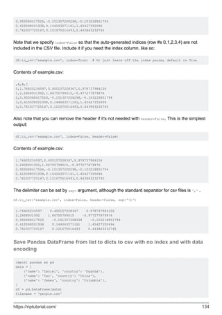 0.950088417526,-0.151357208298,-0.103218851794
0.410598501938,0.144043571161,1.45427350696
0.761037725147,0.121675016493,0.443863232745
Note that we specify index=False so that the auto-generated indices (row #s 0,1,2,3,4) are not
included in the CSV file. Include it if you need the index column, like so:
df.to_csv('example.csv', index=True) # Or just leave off the index param; default is True
Contents of example.csv:
,A,B,C
0,1.76405234597,0.400157208367,0.978737984106
1,2.2408931992,1.86755799015,-0.977277879876
2,0.950088417526,-0.151357208298,-0.103218851794
3,0.410598501938,0.144043571161,1.45427350696
4,0.761037725147,0.121675016493,0.443863232745
Also note that you can remove the header if it's not needed with header=False. This is the simplest
output:
df.to_csv('example.csv', index=False, header=False)
Contents of example.csv:
1.76405234597,0.400157208367,0.978737984106
2.2408931992,1.86755799015,-0.977277879876
0.950088417526,-0.151357208298,-0.103218851794
0.410598501938,0.144043571161,1.45427350696
0.761037725147,0.121675016493,0.443863232745
The delimiter can be set by sep= argument, although the standard separator for csv files is ',' .
df.to_csv('example.csv', index=False, header=False, sep='t')
1.76405234597 0.400157208367 0.978737984106
2.2408931992 1.86755799015 -0.977277879876
0.950088417526 -0.151357208298 -0.103218851794
0.410598501938 0.144043571161 1.45427350696
0.761037725147 0.121675016493 0.443863232745
Save Pandas DataFrame from list to dicts to csv with no index and with data
encoding
import pandas as pd
data = [
{'name': 'Daniel', 'country': 'Uganda'},
{'name': 'Yao', 'country': 'China'},
{'name': 'James', 'country': 'Colombia'},
]
df = pd.DataFrame(data)
filename = 'people.csv'
https://riptutorial.com/ 134
 
