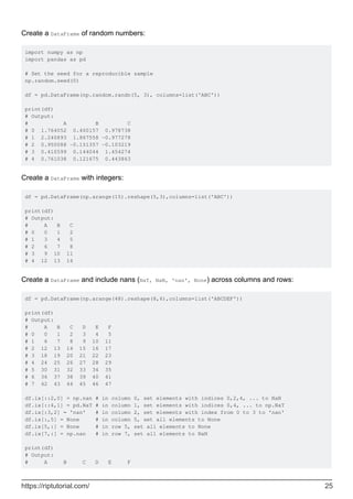 Create a DataFrame of random numbers:
import numpy as np
import pandas as pd
# Set the seed for a reproducible sample
np.random.seed(0)
df = pd.DataFrame(np.random.randn(5, 3), columns=list('ABC'))
print(df)
# Output:
# A B C
# 0 1.764052 0.400157 0.978738
# 1 2.240893 1.867558 -0.977278
# 2 0.950088 -0.151357 -0.103219
# 3 0.410599 0.144044 1.454274
# 4 0.761038 0.121675 0.443863
Create a DataFrame with integers:
df = pd.DataFrame(np.arange(15).reshape(5,3),columns=list('ABC'))
print(df)
# Output:
# A B C
# 0 0 1 2
# 1 3 4 5
# 2 6 7 8
# 3 9 10 11
# 4 12 13 14
Create a DataFrame and include nans (NaT, NaN, 'nan', None) across columns and rows:
df = pd.DataFrame(np.arange(48).reshape(8,6),columns=list('ABCDEF'))
print(df)
# Output:
# A B C D E F
# 0 0 1 2 3 4 5
# 1 6 7 8 9 10 11
# 2 12 13 14 15 16 17
# 3 18 19 20 21 22 23
# 4 24 25 26 27 28 29
# 5 30 31 32 33 34 35
# 6 36 37 38 39 40 41
# 7 42 43 44 45 46 47
df.ix[::2,0] = np.nan # in column 0, set elements with indices 0,2,4, ... to NaN
df.ix[::4,1] = pd.NaT # in column 1, set elements with indices 0,4, ... to np.NaT
df.ix[:3,2] = 'nan' # in column 2, set elements with index from 0 to 3 to 'nan'
df.ix[:,5] = None # in column 5, set all elements to None
df.ix[5,:] = None # in row 5, set all elements to None
df.ix[7,:] = np.nan # in row 7, set all elements to NaN
print(df)
# Output:
# A B C D E F
https://riptutorial.com/ 25
 