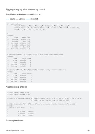 Aggregating by size versus by count
The difference between size and count is:
size counts NaN values, count does not.
df = pd.DataFrame(
{"Name":["Alice", "Bob", "Mallory", "Mallory", "Bob" , "Mallory"],
"City":["Seattle", "Seattle", "Portland", "Seattle", "Seattle", "Portland"],
"Val": [4, 3, 3, np.nan, np.nan, 4]})
df
# Output:
# City Name Val
# 0 Seattle Alice 4.0
# 1 Seattle Bob 3.0
# 2 Portland Mallory 3.0
# 3 Seattle Mallory NaN
# 4 Seattle Bob NaN
# 5 Portland Mallory 4.0
df.groupby(["Name", "City"])['Val'].size().reset_index(name='Size')
# Output:
# Name City Size
# 0 Alice Seattle 1
# 1 Bob Seattle 2
# 2 Mallory Portland 2
# 3 Mallory Seattle 1
df.groupby(["Name", "City"])['Val'].count().reset_index(name='Count')
# Output:
# Name City Count
# 0 Alice Seattle 1
# 1 Bob Seattle 1
# 2 Mallory Portland 2
# 3 Mallory Seattle 0
Aggregating groups
In [1]: import numpy as np
In [2]: import pandas as pd
In [3]: df = pd.DataFrame({'A': list('XYZXYZXYZX'), 'B': [1, 2, 1, 3, 1, 2, 3, 3, 1, 2],
'C': [12, 14, 11, 12, 13, 14, 16, 12, 10, 19]})
In [4]: df.groupby('A')['B'].agg({'mean': np.mean, 'standard deviation': np.std})
Out[4]:
standard deviation mean
A
X 0.957427 2.250000
Y 1.000000 2.000000
Z 0.577350 1.333333
For multiple columns:
https://riptutorial.com/ 54
 