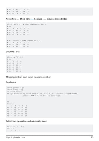 # R0 9 41 62 1 82
# R1 16 78 5 58 0
# R2 80 4 36 51 27
Notice how loc differs from iloc because iloc excludes the end index
df.loc['R0':'R2'] # rows labelled R0, R1, R2
# Out:
# A B C D E
# R0 9 41 62 1 82
# R1 16 78 5 58 0
# R2 80 4 36 51 27
# df.iloc[0:2] # rows indexed by 0, 1
# A B C D E
# R0 99 78 61 16 73
# R1 8 62 27 30 80
Columns C to E:
df.loc[:, 'C':'E']
# Out:
# C D E
# R0 62 1 82
# R1 5 58 0
# R2 36 51 27
# R3 68 38 83
# R4 7 30 62
Mixed position and label based selection
DataFrame:
import pandas as pd
import numpy as np
np.random.seed(5)
df = pd.DataFrame(np.random.randint(100, size=(5, 5)), columns = list("ABCDE"),
index = ["R" + str(i) for i in range(5)])
df
Out[12]:
A B C D E
R0 99 78 61 16 73
R1 8 62 27 30 80
R2 7 76 15 53 80
R3 27 44 77 75 65
R4 47 30 84 86 18
Select rows by position, and columns by label:
df.ix[1:3, 'C':'E']
Out[19]:
C D E
https://riptutorial.com/ 63
 