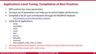 HPCAC-Switzerland (April ’18) 39Network Based Computing Laboratory
• MPI runtime has many parameters
• Tuning a set of parameters can help you to extract higher performance
• Compiled a list of such contributions through the MVAPICH Website
– http://mvapich.cse.ohio-state.edu/best_practices/
• Initial list of applications
– Amber
– HoomDBlue
– HPCG
– Lulesh
– MILC
– Neuron
– SMG2000
– Cloverleaf
– SPEC (LAMMPS, POP2, TERA_TF, WRF2)
• Soliciting additional contributions, send your results to mvapich-help at cse.ohio-state.edu.
• We will link these results with credits to you.
Applications-Level Tuning: Compilation of Best Practices
 