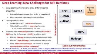 HPCAC-Switzerland (April ’18) 41Network Based Computing Laboratory
• Deep Learning frameworks are a different game
altogether
– Unusually large message sizes (order of megabytes)
– Most communication based on GPU buffers
• Existing State-of-the-art
– cuDNN, cuBLAS, NCCL --> scale-up performance
– NCCL2, CUDA-Aware MPI --> scale-out performance
• For small and medium message sizes only!
• Proposed: Can we co-design the MPI runtime (MVAPICH2-
GDR) and the DL framework (Caffe) to achieve both?
– Efficient Overlap of Computation and Communication
– Efficient Large-Message Communication (Reductions)
– What application co-designs are needed to exploit
communication-runtime co-designs?
Deep Learning: New Challenges for MPI Runtimes
Scale-upPerformance
Scale-out Performance
cuDNN
NCCL
gRPC
Hadoop
Proposed
Co-
Designs
MPI
cuBLAS
A. A. Awan, K. Hamidouche, J. M. Hashmi, and D. K. Panda, S-Caffe: Co-designing MPI Runtimes and Caffe for Scalable Deep Learning on Modern GPU
Clusters. In Proceedings of the 22nd ACM SIGPLAN Symposium on Principles and Practice of Parallel Programming (PPoPP '17)
NCCL2
 