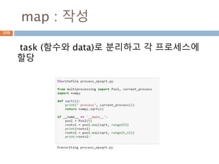 map : 작성
task (함수와 data)로 분리하고 각 프로세스에
할당
209
 