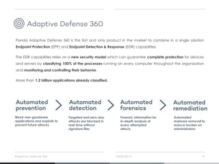 14/09/2015Adaptive Defense 360 9
Panda Adaptive Defense 360 is the first and only product in the market to combine in a single solution
Endpoint Protection (EPP) and Endpoint Detection & Response (EDR) capabilities
The EDR capabilities relies on a new security model which can guarantee complete protection for devices
and servers by classifying 100% of the processes running on every computer throughout the organization
and monitoring and controlling their behavior.
More than 1.2 billion applications already classified.
Automated
malware removal to
reduce burden on
administrators
Block non-goodware
applications and exploits to
prevent future attacks
Forensic information for
in-depth analysis of
every attempted
attack.
Targeted and zero-day
attacks are blocked in
real-time without
signature files
 