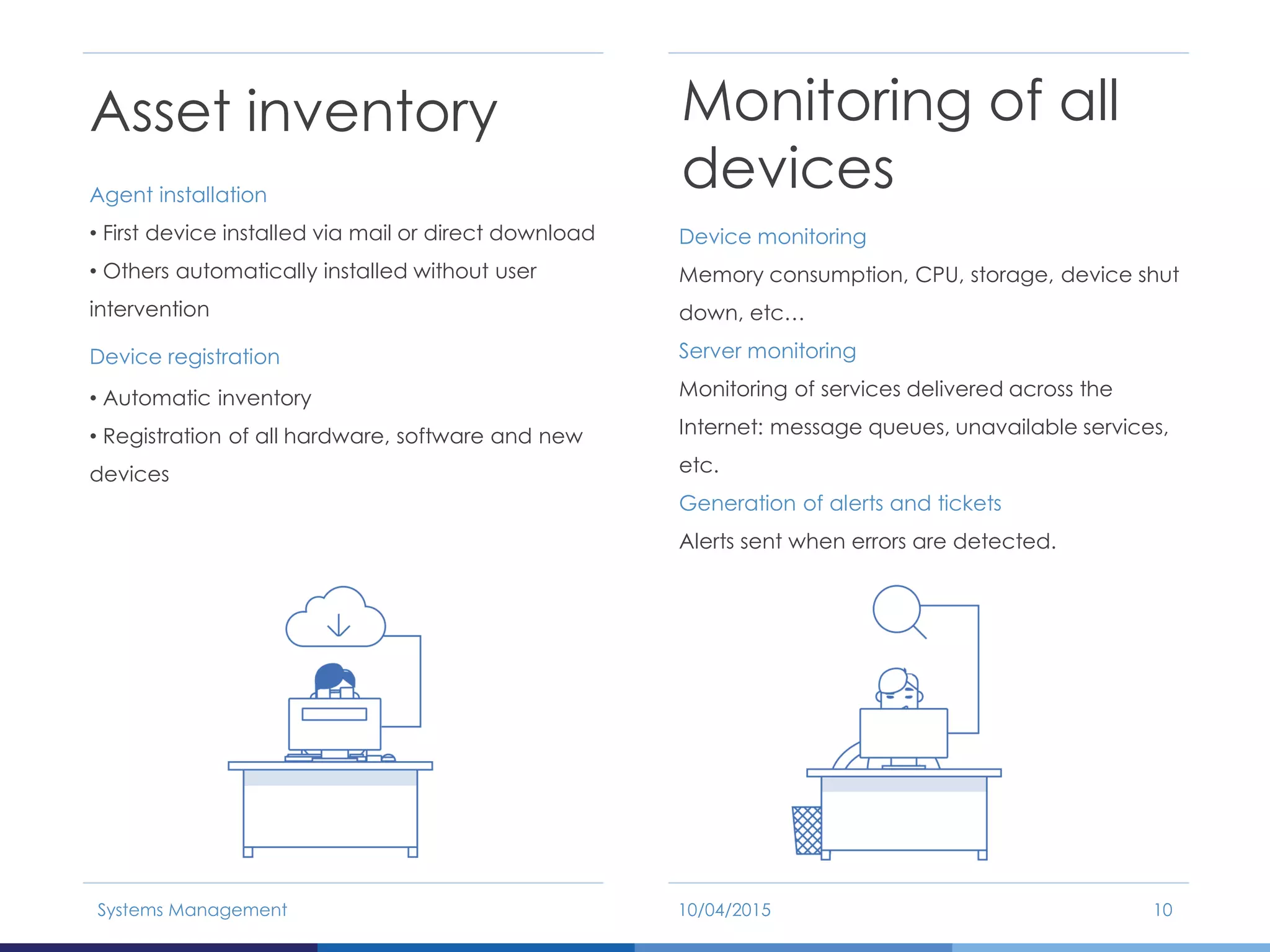 Asset inventory
Agent installation
• First device installed via mail or direct download
• Others automatically installed without user
intervention
Device registration
• Automatic inventory
• Registration of all hardware, software and new
devices
Monitoring of all
devices
Device monitoring
Memory consumption, CPU, storage, device shut
down, etc…
Server monitoring
Monitoring of services delivered across the
Internet: message queues, unavailable services,
etc.
Generation of alerts and tickets
Alerts sent when errors are detected.
10/04/2015Systems Management 10
 