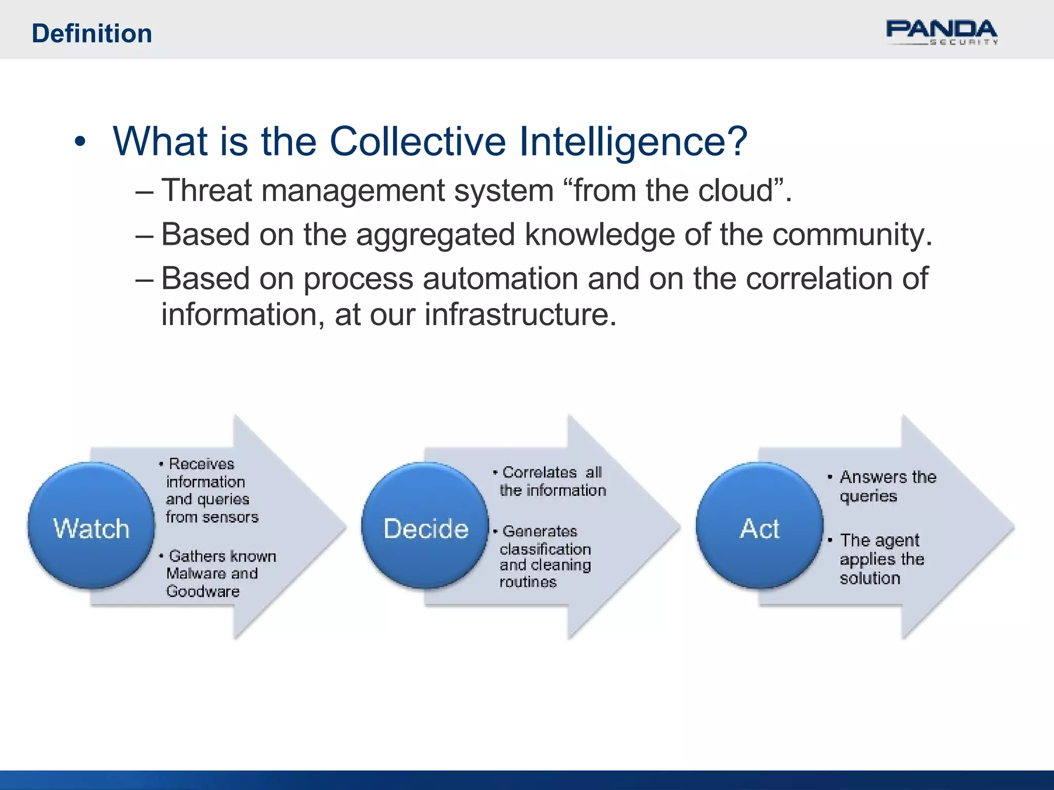 Definition What is the Collective Intelligence? Threat management system “from the cloud”. Based on the aggregated knowledge of the community. Based on process automation and on the correlation of information, at our infrastructure. 