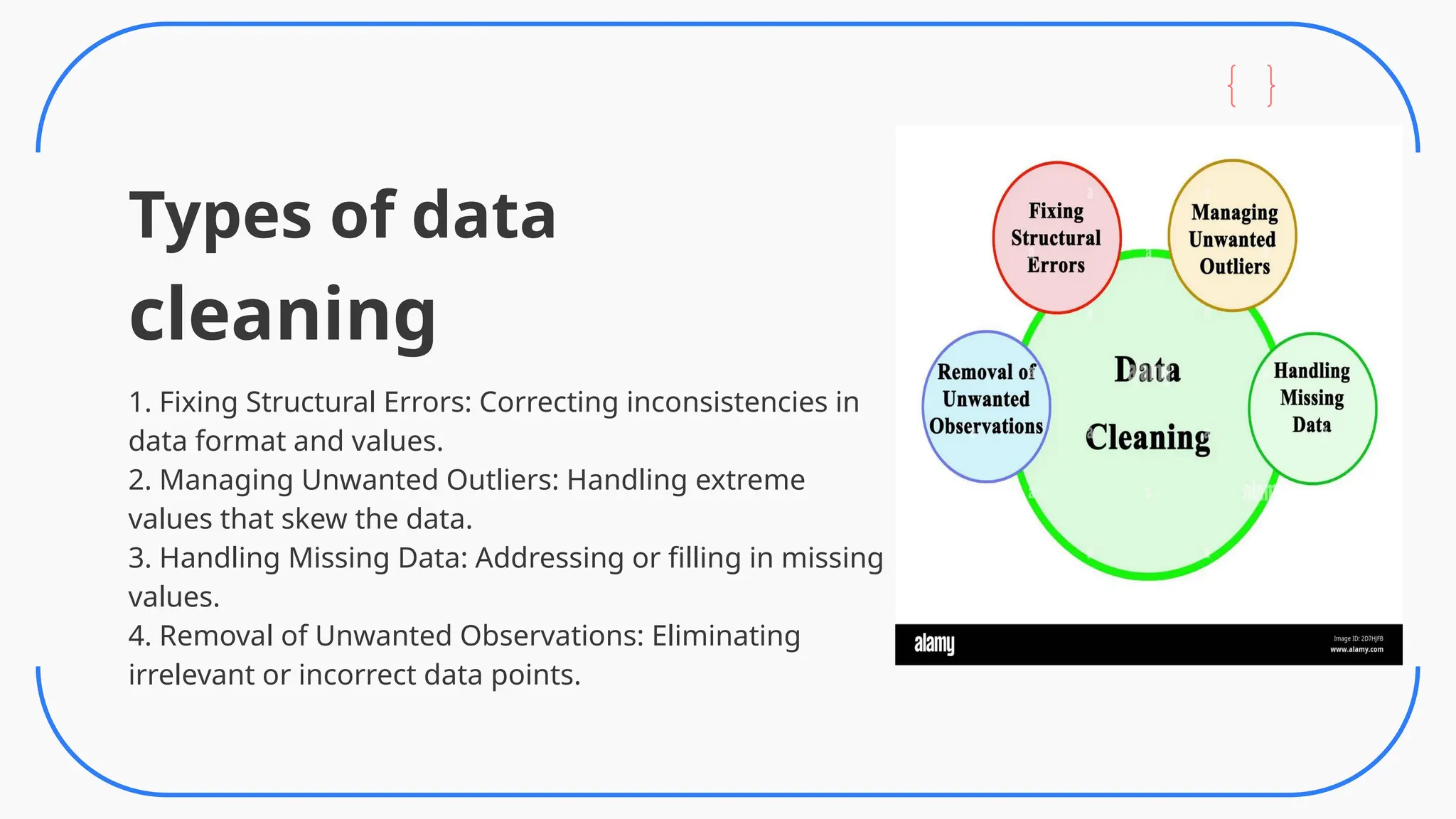 Types of data
cleaning
1. Fixing Structural Errors: Correcting inconsistencies in
data format and values.
2. Managing Unwanted Outliers: Handling extreme
values that skew the data.
3. Handling Missing Data: Addressing or filling in missing
values.
4. Removal of Unwanted Observations: Eliminating
irrelevant or incorrect data points.
 