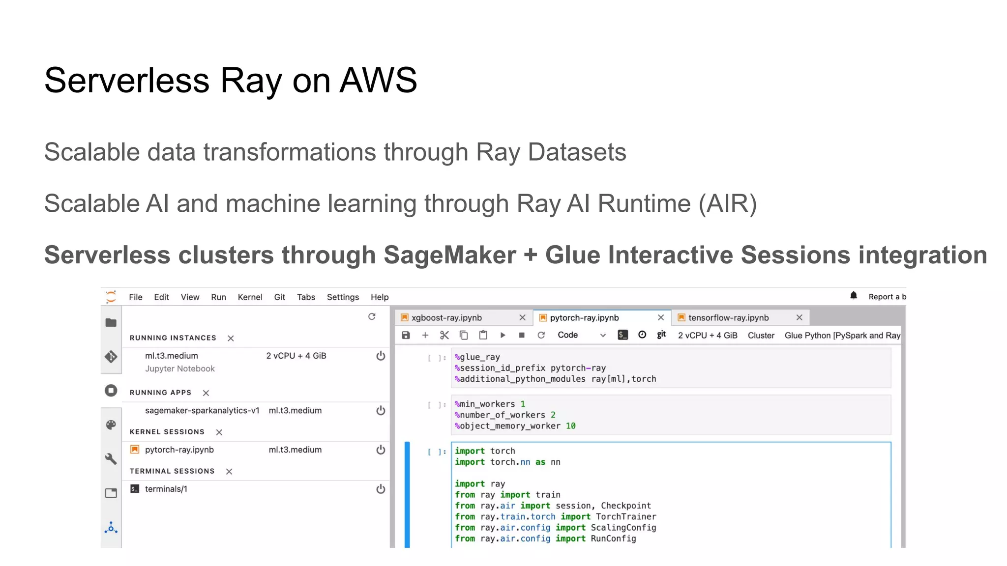 Serverless Ray on AWS
Scalable data transformations through Ray Datasets
Scalable AI and machine learning through Ray AI Runtime (AIR)
Serverless clusters through SageMaker + Glue Interactive Sessions integration
 
