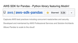 AWS SDK for Pandas - Python library featuring Modin!
Captures AWS best practices including concurrent reads/writes and sec...