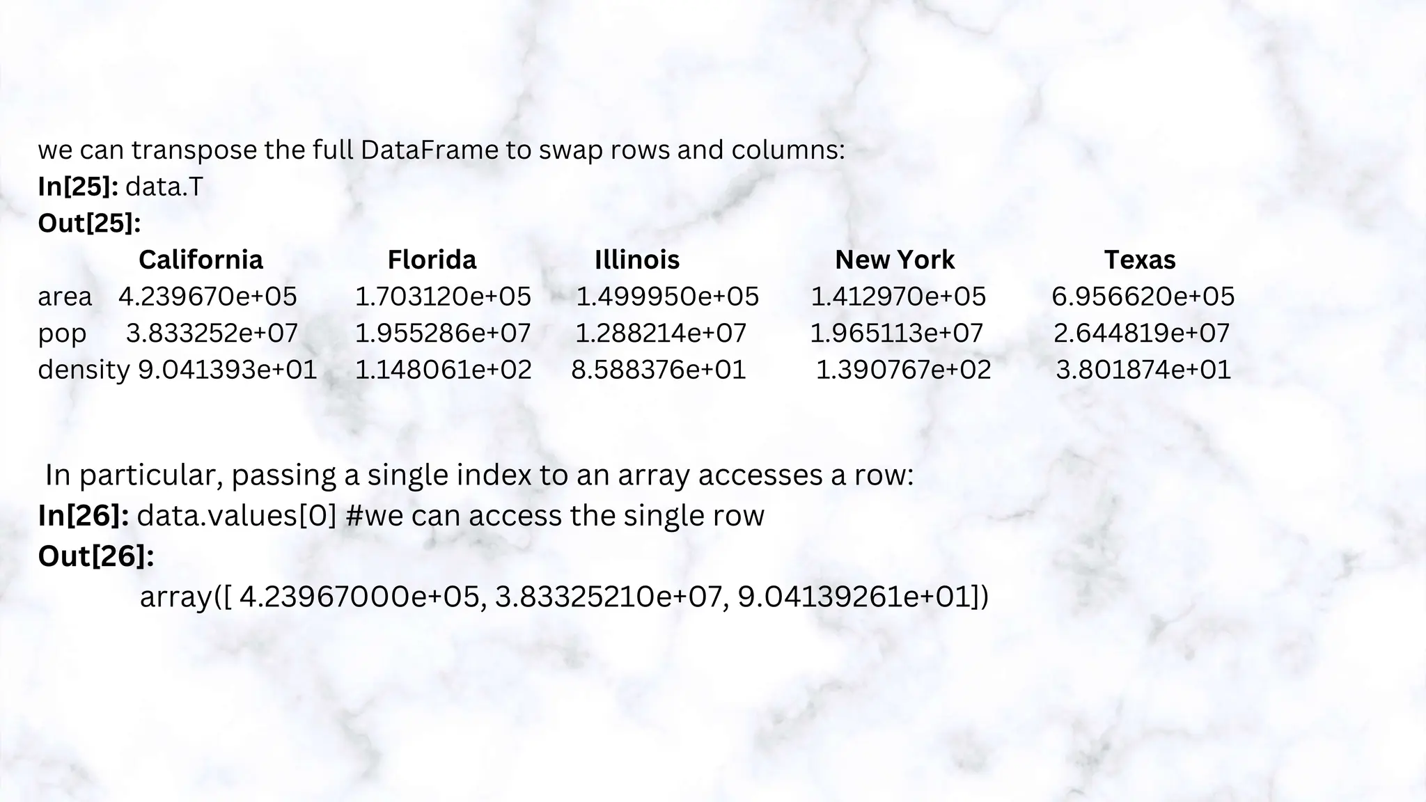 we can transpose the full DataFrame to swap rows and columns:
In[25]: data.T
Out[25]:
California Florida Illinois New York Texas
area 4.239670e+05 1.703120e+05 1.499950e+05 1.412970e+05 6.956620e+05
pop 3.833252e+07 1.955286e+07 1.288214e+07 1.965113e+07 2.644819e+07
density 9.041393e+01 1.148061e+02 8.588376e+01 1.390767e+02 3.801874e+01
In particular, passing a single index to an array accesses a row:
In[26]: data.values[0] #we can access the single row
Out[26]:
array([ 4.23967000e+05, 3.83325210e+07, 9.04139261e+01])
 